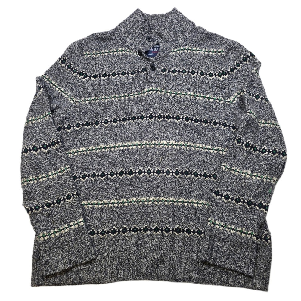 American Eagle Fair Isle Sweater Mens XL Gray Athletic‎ Fit Button Mock Neck